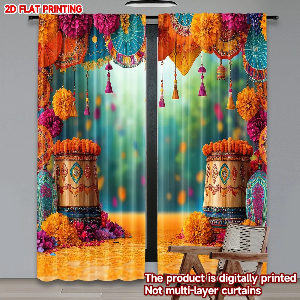 

2D flat printing 2pcs Curtain Diwali Festive Decorations Digital Printed Polyester Drapes Party Decorations Perfect for Indoor