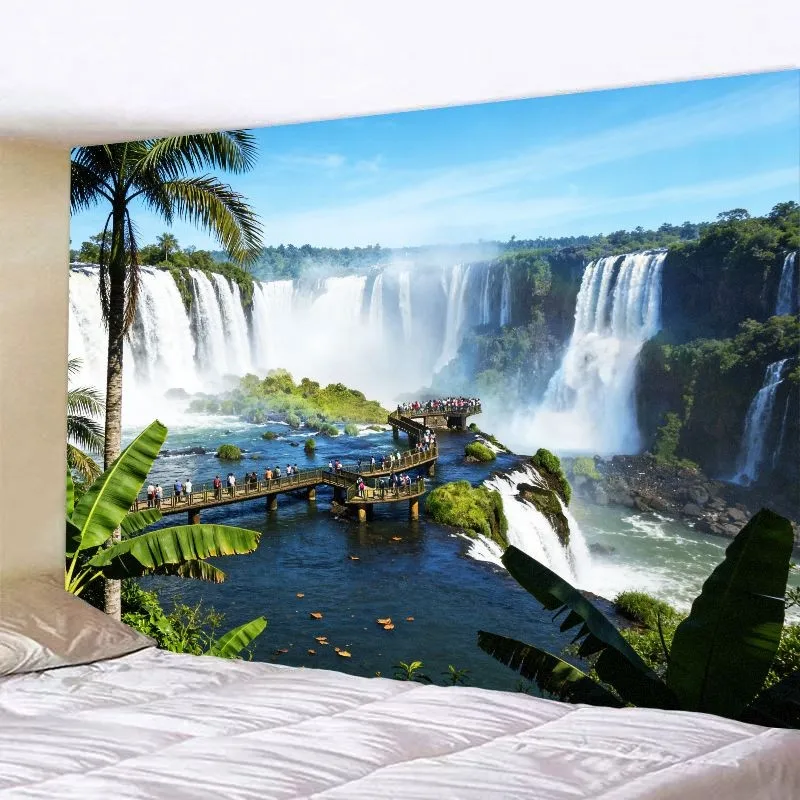 VIKAMA Waterfall Cliff Sunset Tapestry Nature Landscape Aesthetic Room Decor Wall Hanging Bedroom Dorm Living Room Art Print
