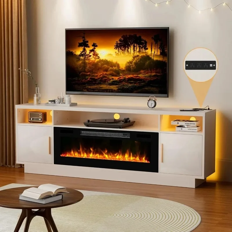 

70" TV Stand with 36" Fireplace - LED Light Entertainment Center for TVs 75 Inches and Larger - White Cabinet with Storage