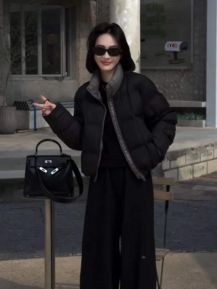 

Корейский стиль: Теплая женская зимняя куртка-пуховик с воротником-стойкой, в клетку, с цветовыми блоками, на утином пуху, толстая, модная, приталенная.