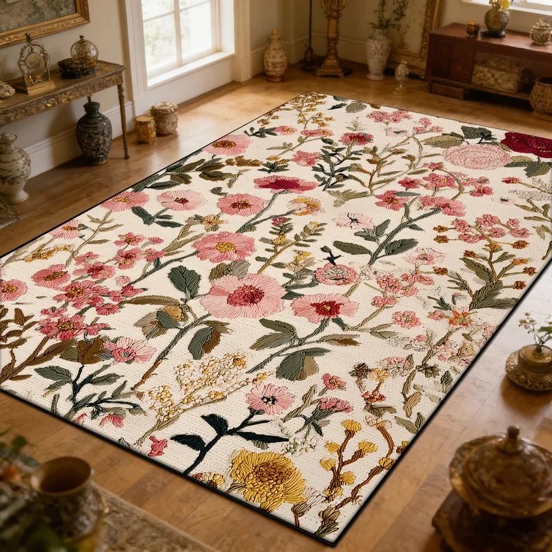 VIKAMA Retro Floral Non-slip Washable Rug for Bedroom Home Decor