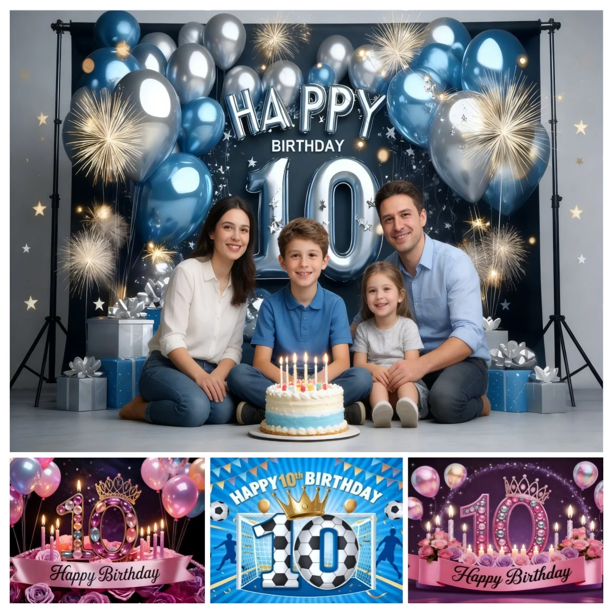 

10th Birthday Photography Backdrop Pink Blue Balloons Football Official Teenager Birthday Party Decor Kids Portrait Background