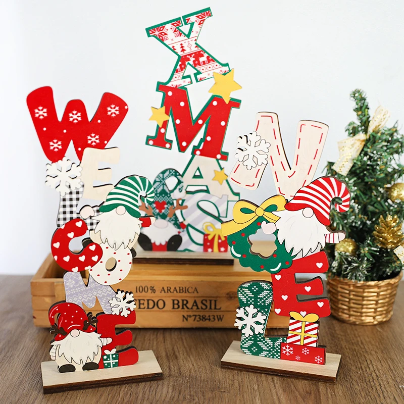 Christmas Desktop Ornaments Wooden Craft Cartoon Red Green Xmas Noel Welcome Letter Printed Christmas Party Decor Welcome Stand