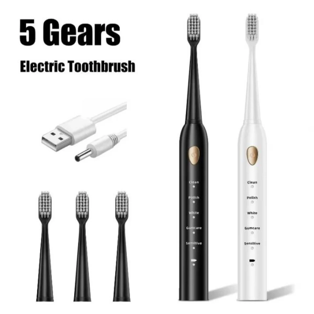 Sonic Electric Toothbrush Set for Adults Six Speed Mode Waterproof Soft Brush Head USB Rechargeable High Frequency Cleaning