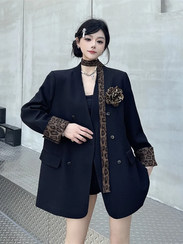 

Тяжелый пиджак с леопардовым принтом в стиле пэчворк для женщин, повседневный удобный роскошный костюм для офиса, готовый к использованию