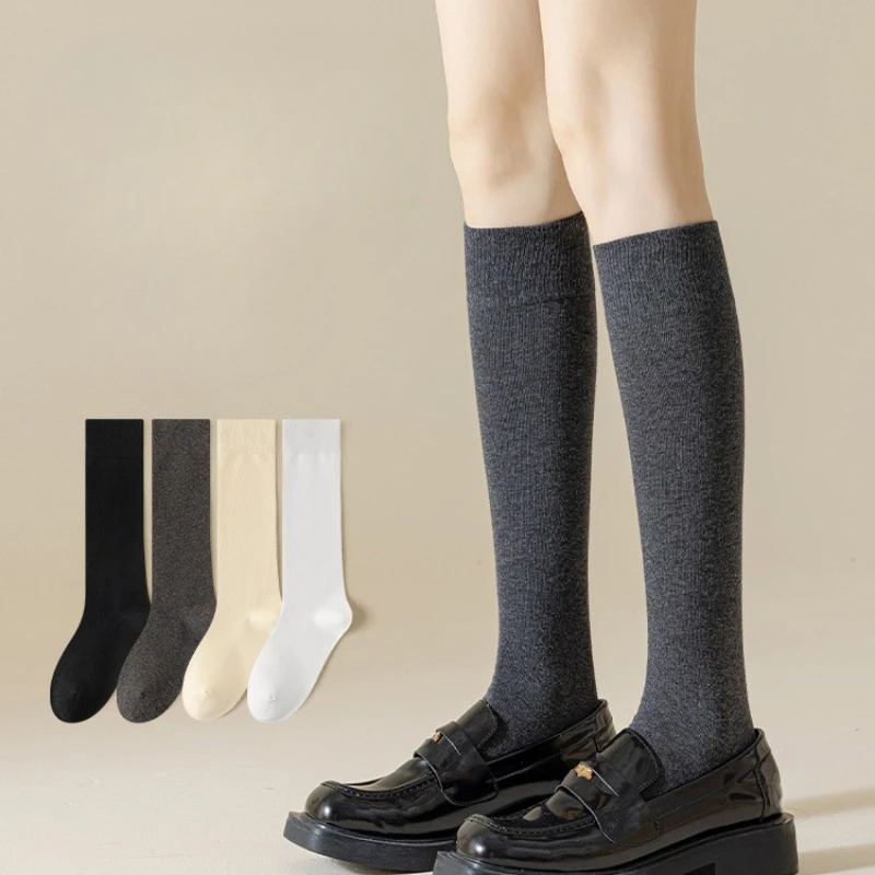 

Japanese JK Women Long Socks Solid Color Kint Stockings Spring Autumn Leg Warmer Cotton Calf Sock Student Girl Over Knee Socks