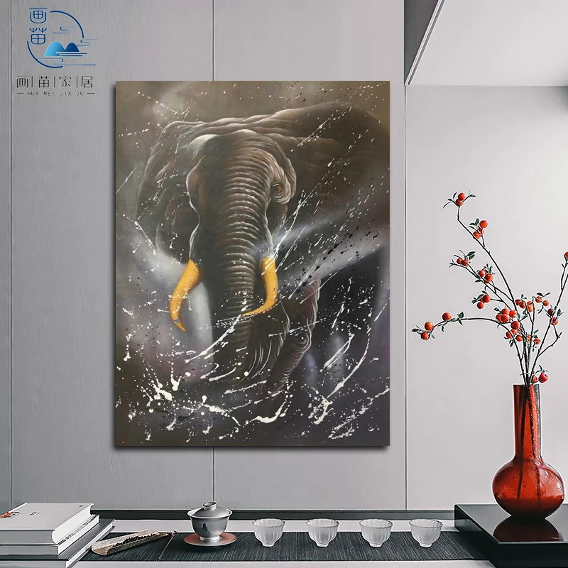 100% Handmade River Black Elephant Animal Hand-painted African Canvas Oil Painting Wall Art Elephants