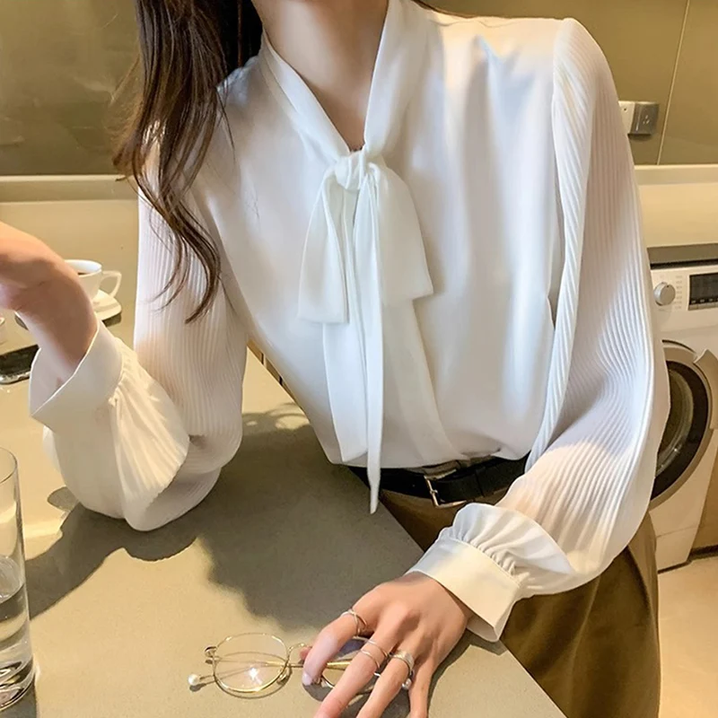 

Женская повседневная деловая блузка 2025 года: элегантная белая рубашка с бантом, из высококачественного шифона, с рукавами-фонариками