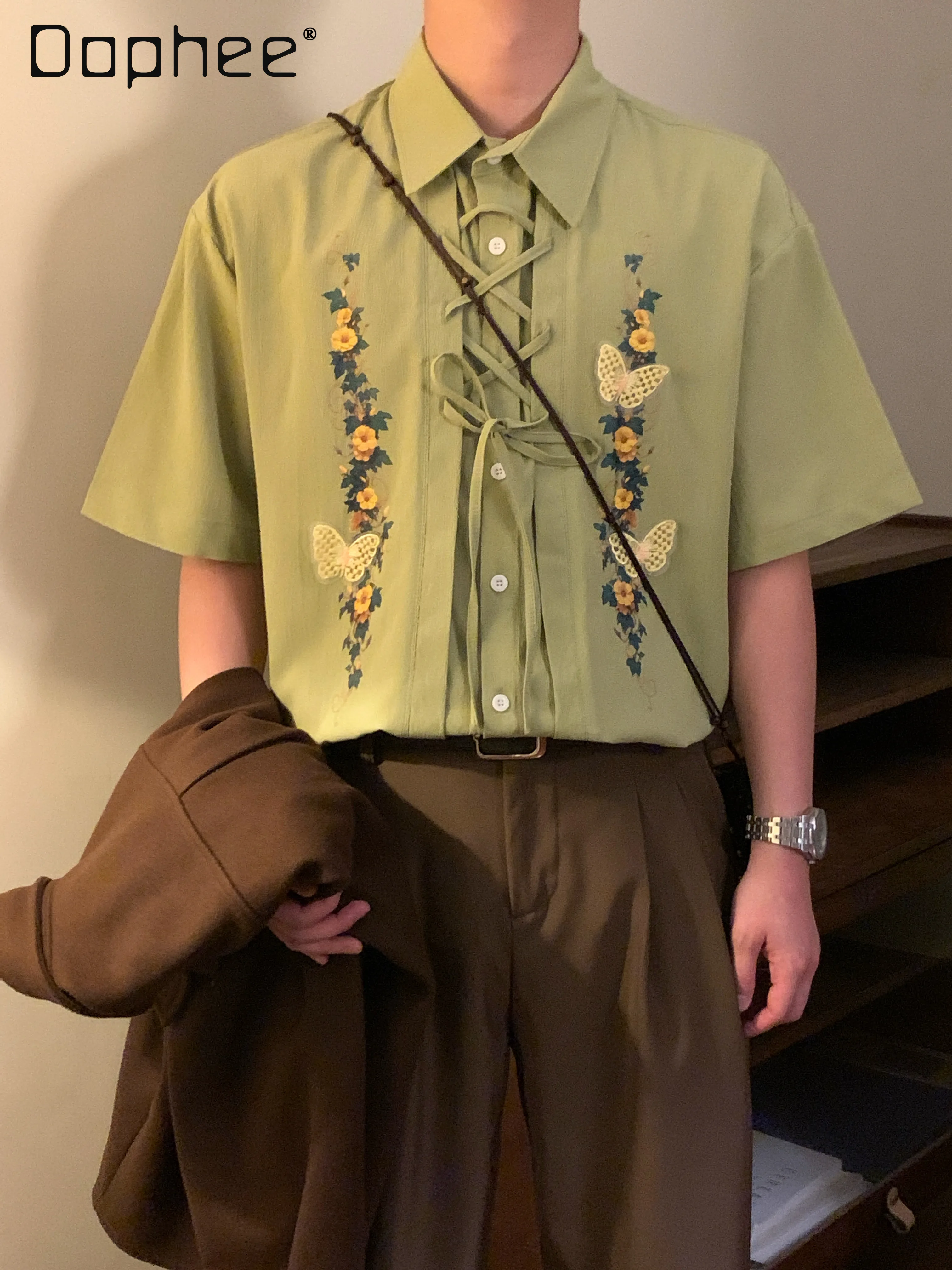 

Summer American Retro Men Green Butterfly Floral Embroidery Lapel Short Sleeve Shirt Loose Casual Versatile White Streetwear