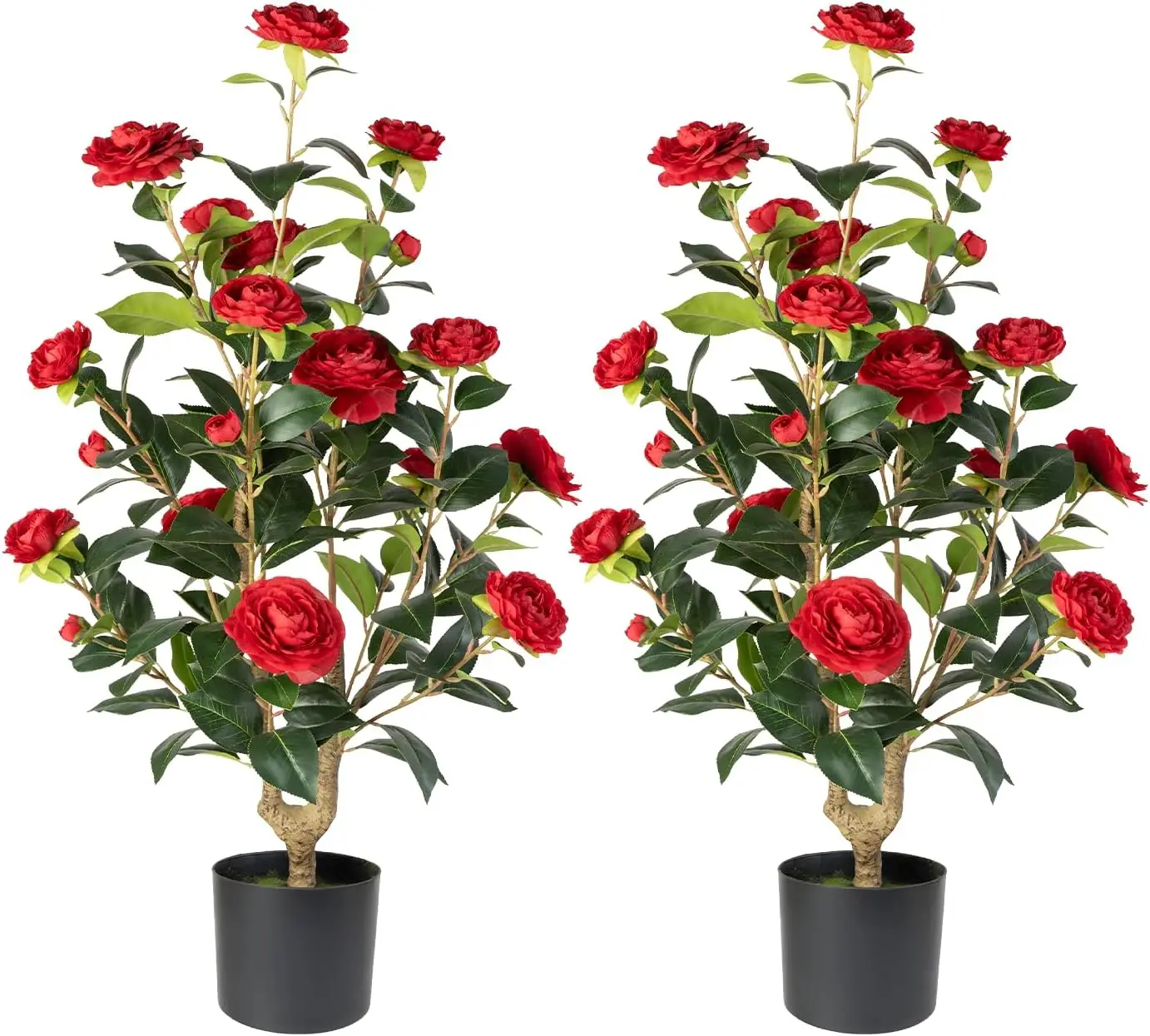 

2 Pack Realistic Red Camellia Artificial Trees in Pots, Lifelike Faux Greenery for Living Room, Patio, Wedding Decor
