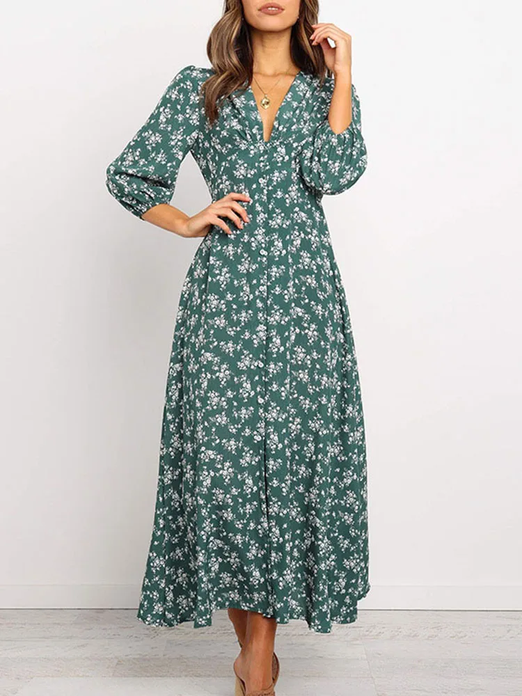 

Women Summer Elegant Floral Print Maxi Dress 2022 Boho Three Quarter Sleeve V Neck Casual Office Long Dress Beach Robe Tunic