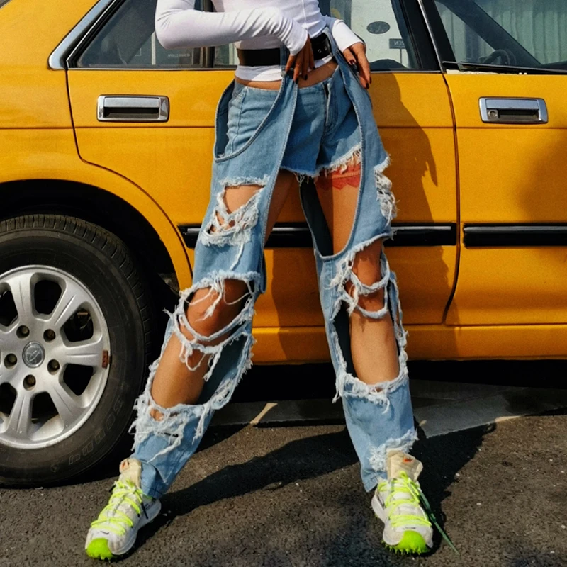 2023 New Woman Summer Harajuku Personalized Belt Leggings Holes Denim Trousers High Waisted Streetwear Straight Wide Leg Pants