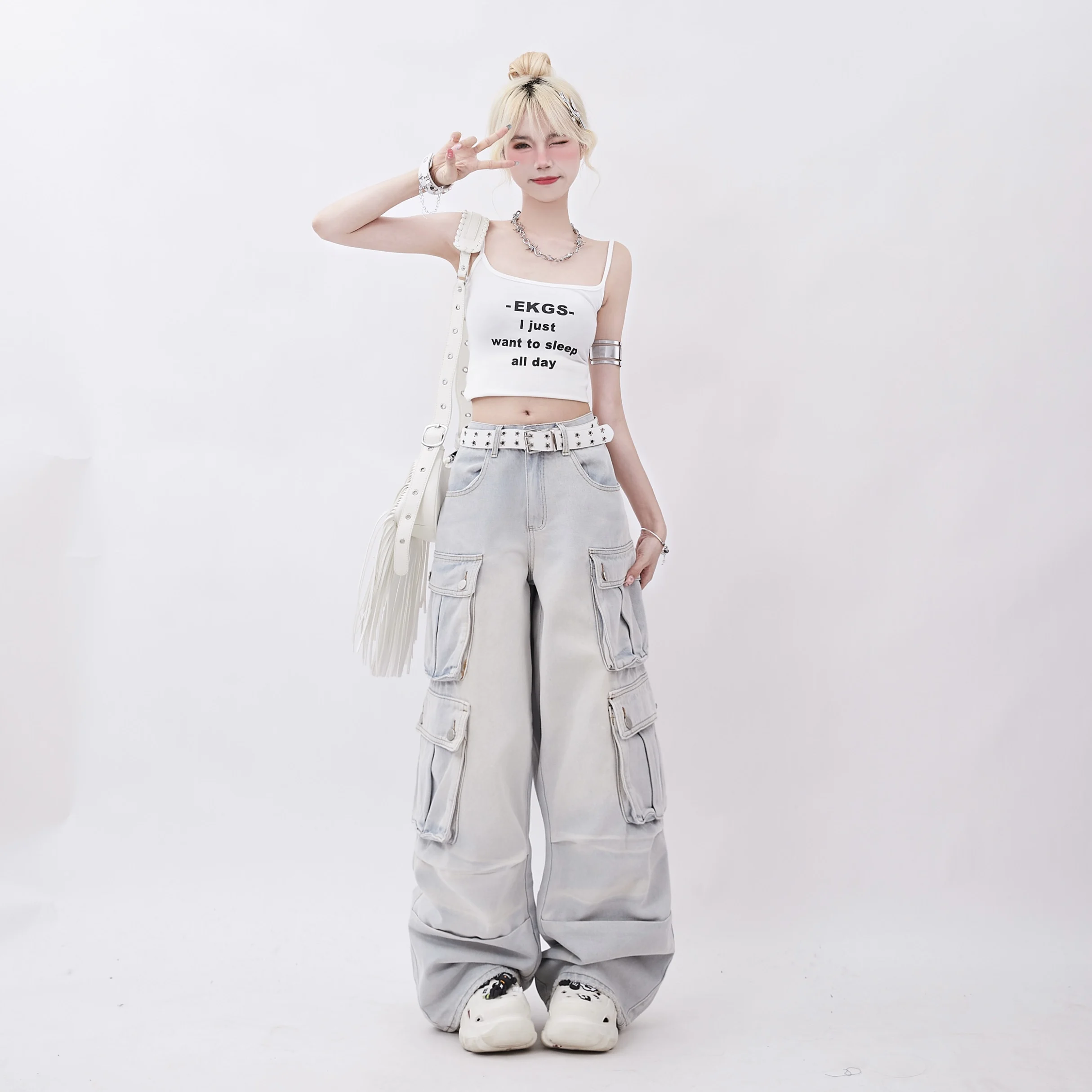 Dophee neue Herbst Frauen Jeans hose Vintage amerikanischen Stil gewaschen gerade Jeans Multi Taschen Dopamin Casual Overalls