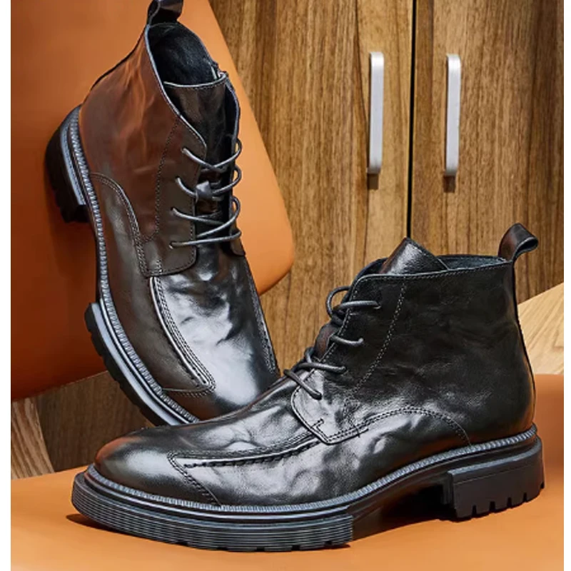 

Men's Lace-Up Side Zipper Thick Sole Ankle Boots 2026 Casual Business Boots Britain Style Man Shoes for Autumn Winter