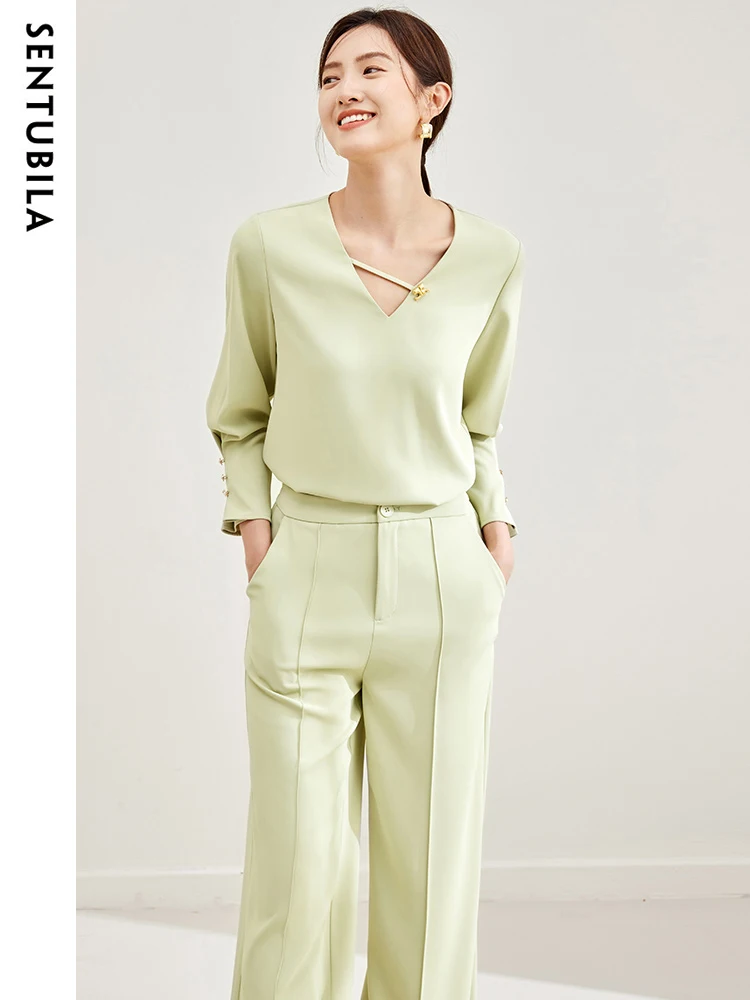 SENTUBILA Womens Spring Outfits Two Piece Pant Sets 2024 Elegant V-neck Long Sleeve Blouse Wide Leg Pant Matching Set M33Z50441