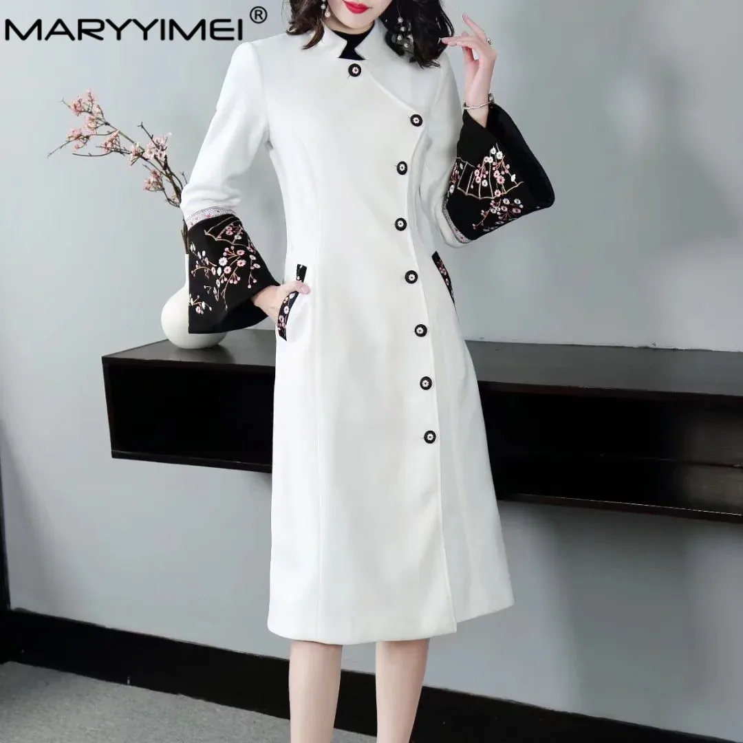 MARYYIMEI Fashion Designer Woolen coat Winter Women Rabbit fur collar Long sleeve Embroidery Elegant Keep warm Overcoat