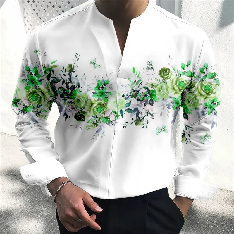 Chemise à imprimé graphique floral pour hommes, col montant, rue en plein air, manches longues, vêtements décontractés, mode de créateur, confort