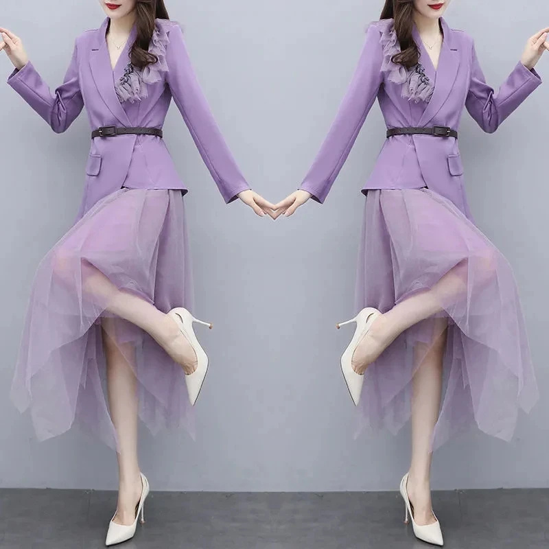 Eleganti blazer viola gonne set primavera autunno coreano ufficio signora vestito giacca gonna a rete irregolare abiti nuove donne abbigliamento da