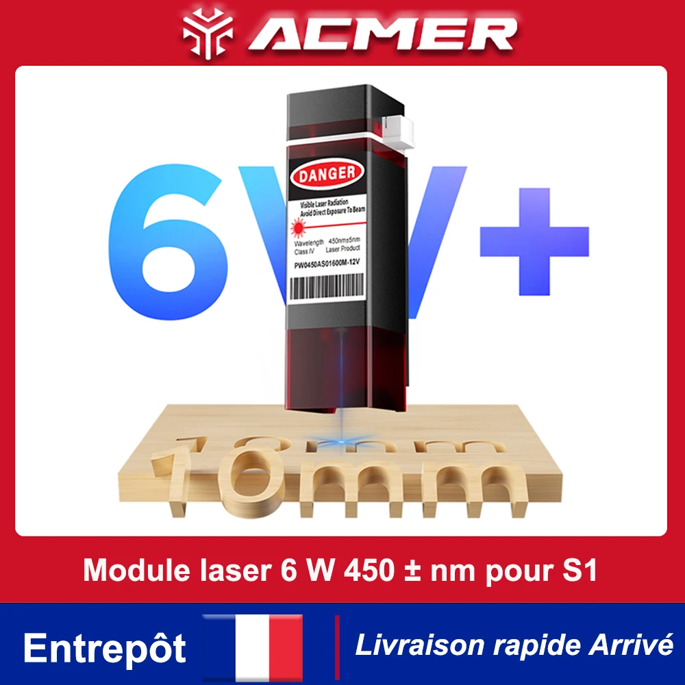 Tête Laser ACMER S1 6W 450 ± nm pour Mini Machine à graver, découpe Laser du bois et du acrylique, mise à niveau du Module de sortie Laser à lumière bleue
