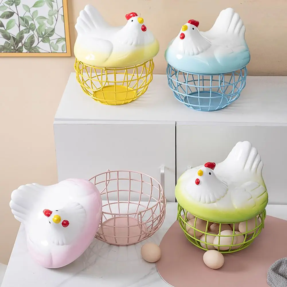 1 Set Wire Basket Modern with Ceramic Lid Chicken Egg Holder Rustic Wire Egg Collecting Basket for Dining Room