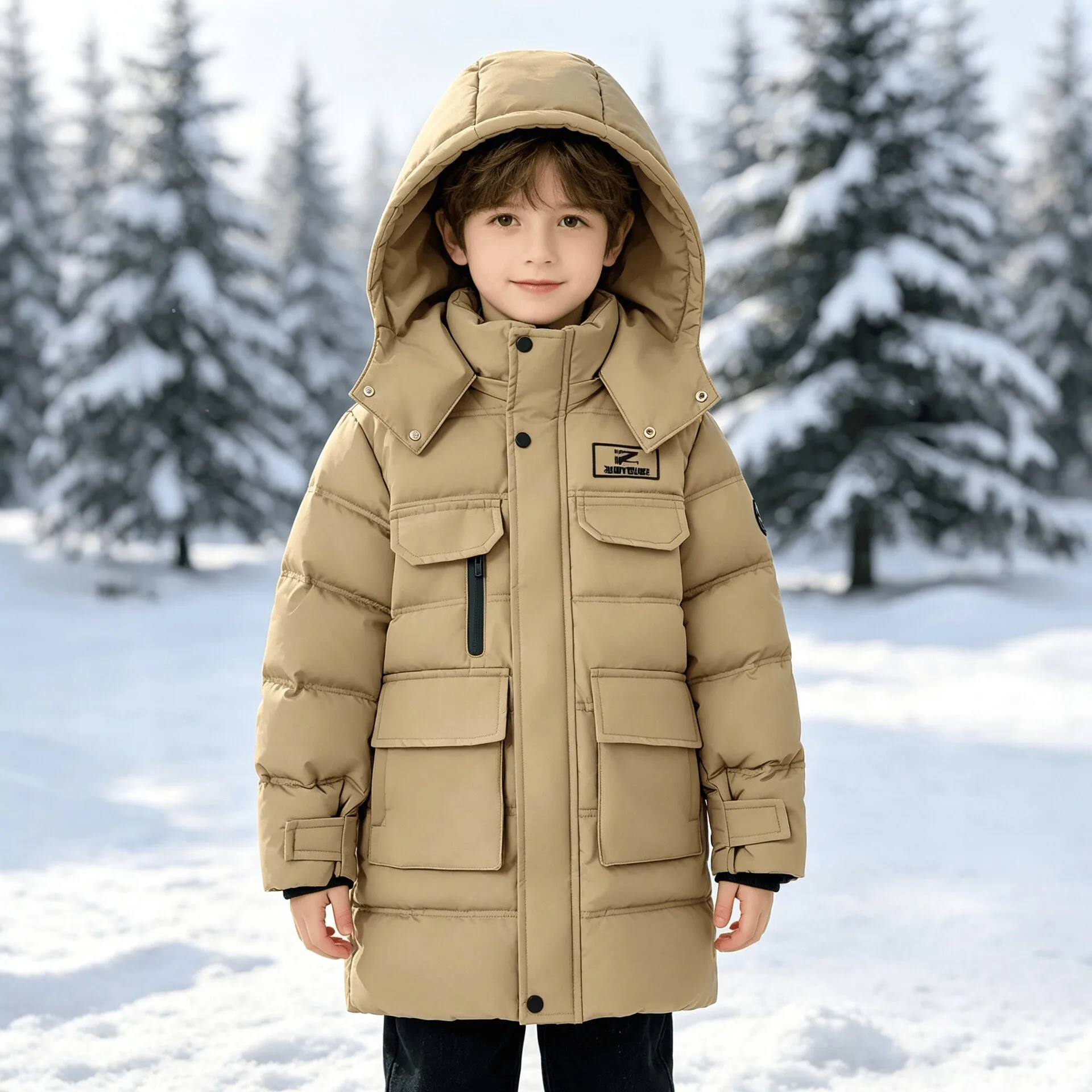 -30 ℃   Teen Jungen Jacke Winter Neue Lange Einfarbig Futter Plüsch Dicken Pelz Kragen Mit Kapuze Parka Für 5-10Y Kinder Warme Baumwolle outwea