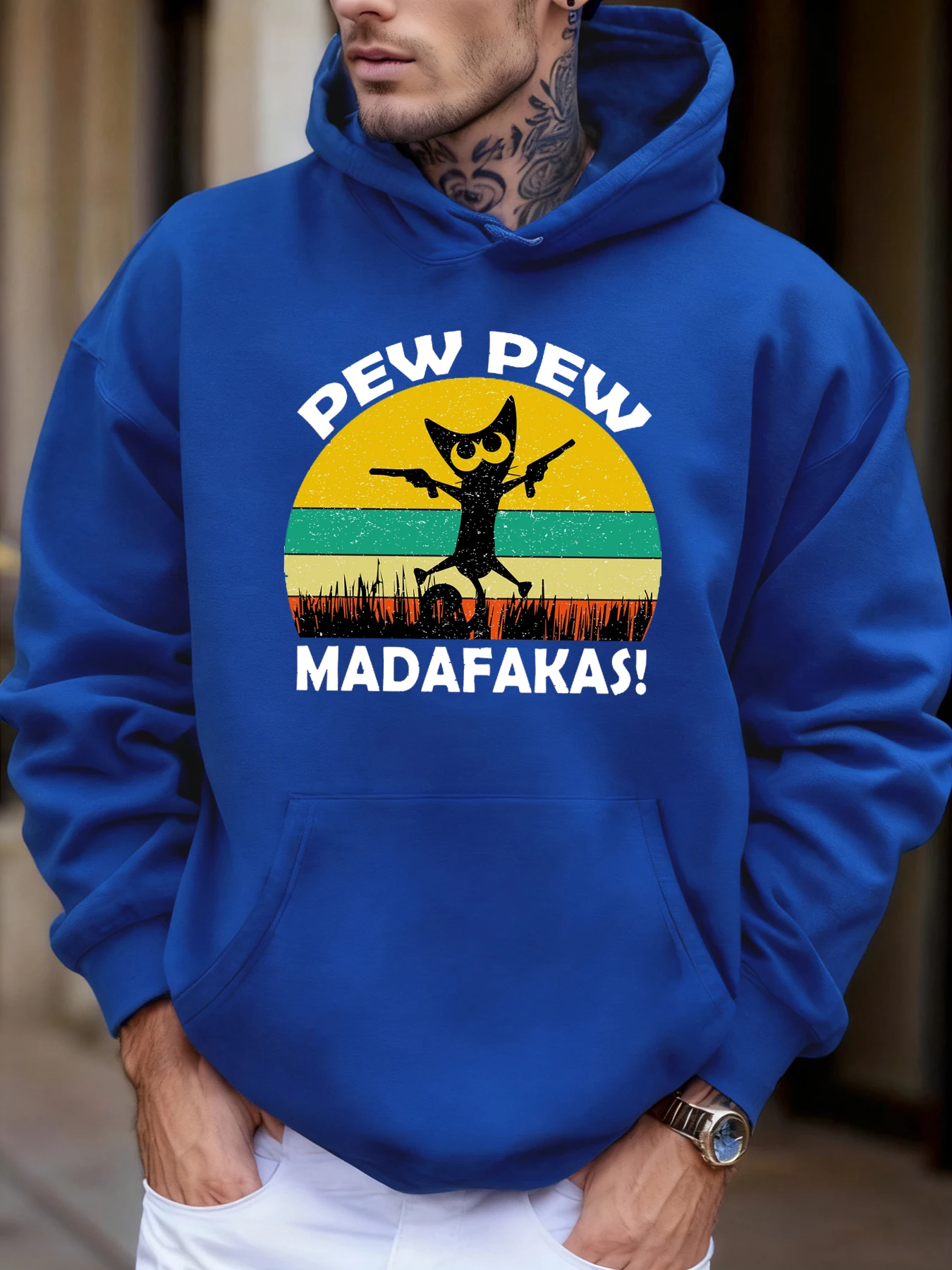 

Забавная мужская толстовка Pew Pew Madafaka Cat Print, осенние флисовые толстовки в стиле хип-хоп, свободная уличная одежда для бега, универсальная удобная одежда