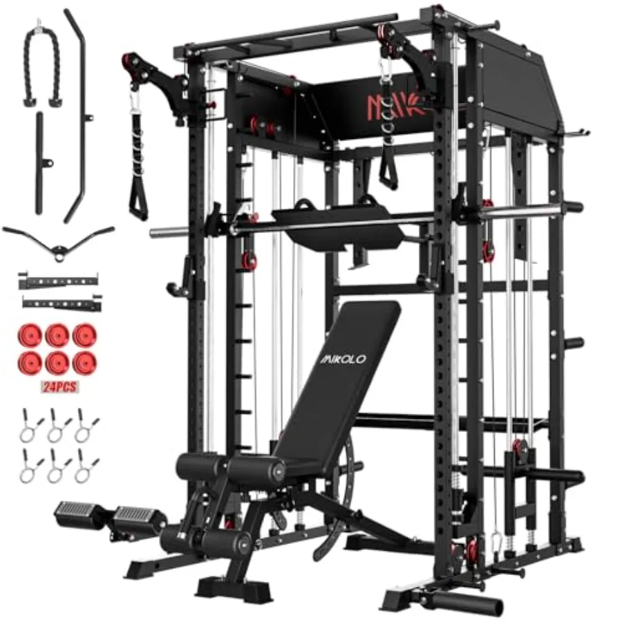 Home gym Smith machine: steel, black, multi-function power cage with dual pulley system, vertical leg press squat rack attachme