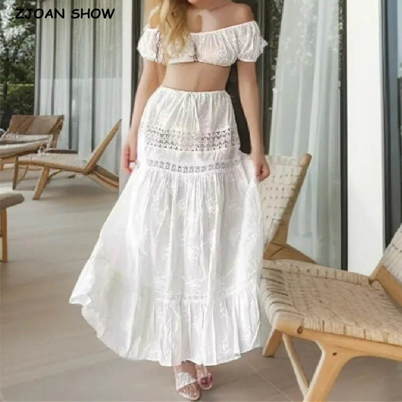 2024 Holiday White Embroidery Flower Spliced Lace Elastic Waist Ankle Length Long Skirt Women Ruched Swing A-lined Skirts Boho