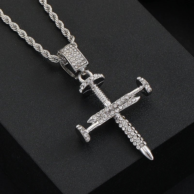 Men Women Hip Hop 3D Thick Double Nail Cross Pendant Necklace HipHop Chain Necklaces Fashion Charm Jewelry Gift