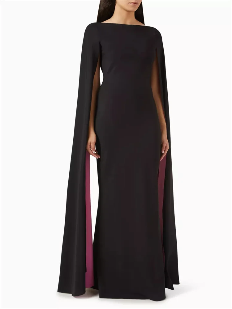 Hot Selling Elongated Long Sleeves Boat Neckline Straight Evening Dress Open Back Floor Length Sweep Train Gown For Women 2024