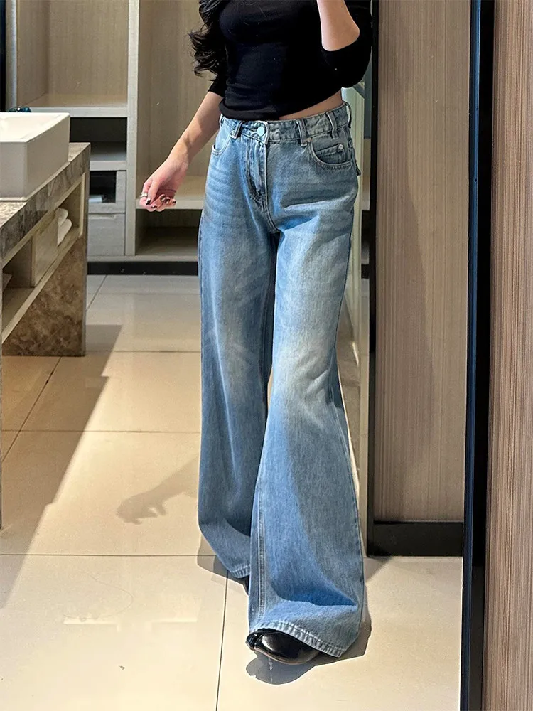 Women's High Waisted Micro Flared Jeans Summer Streets 90s Wide Legs Sweatpants Loose Trousers Female Fashion Blue Pants