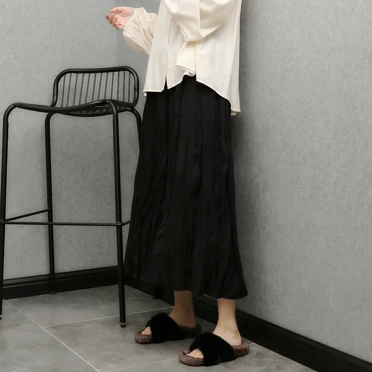 Spring Summer New Loose Versatile Pleated Apricot High Waist Slimming Midi Skirt Women's Casual Pure Color Cotton Blend Skirt