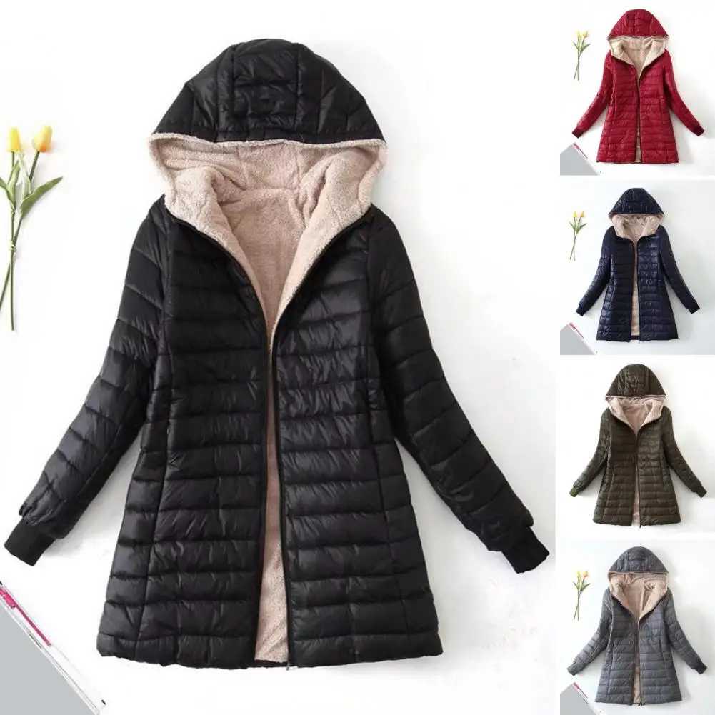 Women Winter Coat Hooded Thick Plush Padded Slim Fit Windproof Zip-up Long Sleeves Elastic Cuff Outdoor Jacket Thermal Outwear