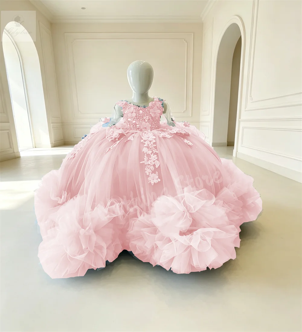 First Christmas Party Dress Fluffy Beaded Full Sleeves Girl's Fancy Wedding and Birthday Communion Evening Dress