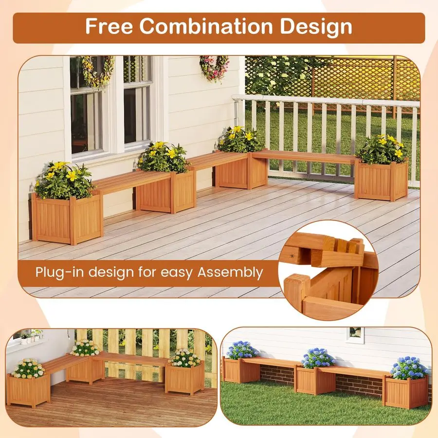 

Outdoor Planter Box with Bench, Outdoor Bench with 2 Raised Garden Beds, OpenEnded Base Planter Box, Teak Oil Finish Wood Seat,