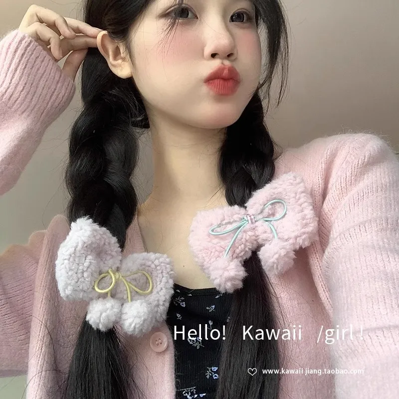 Premium Feel Elegant Cream Puff Lamb Bowknot Kawaii Hair Clip Korean Lovely Plush Hair Pin Butterfly Hair Accessories for Girls