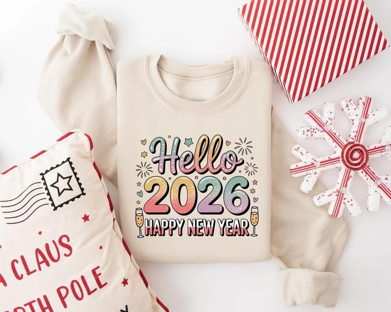مرحبا 2026 سنة جديدة سعيدة حفلة عيد الميلاد عطلة هدية ريترو احتفالي الشتاء البلوز طويلة الأكمام الحرارية هوديي للجنسين البلوز