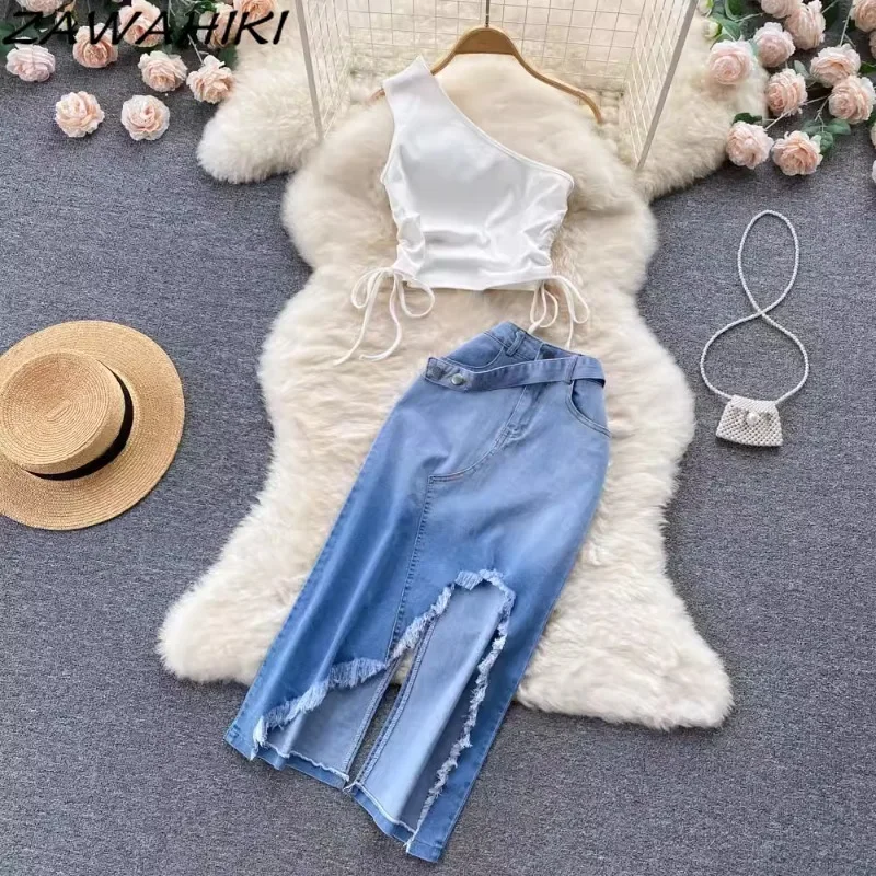 Y2k Summer Two Piece Set Women Drawstring Irregular Sloping Shoulder Vest + Split Denim Skirt Preppy Fashion Casual Ropa Mujer