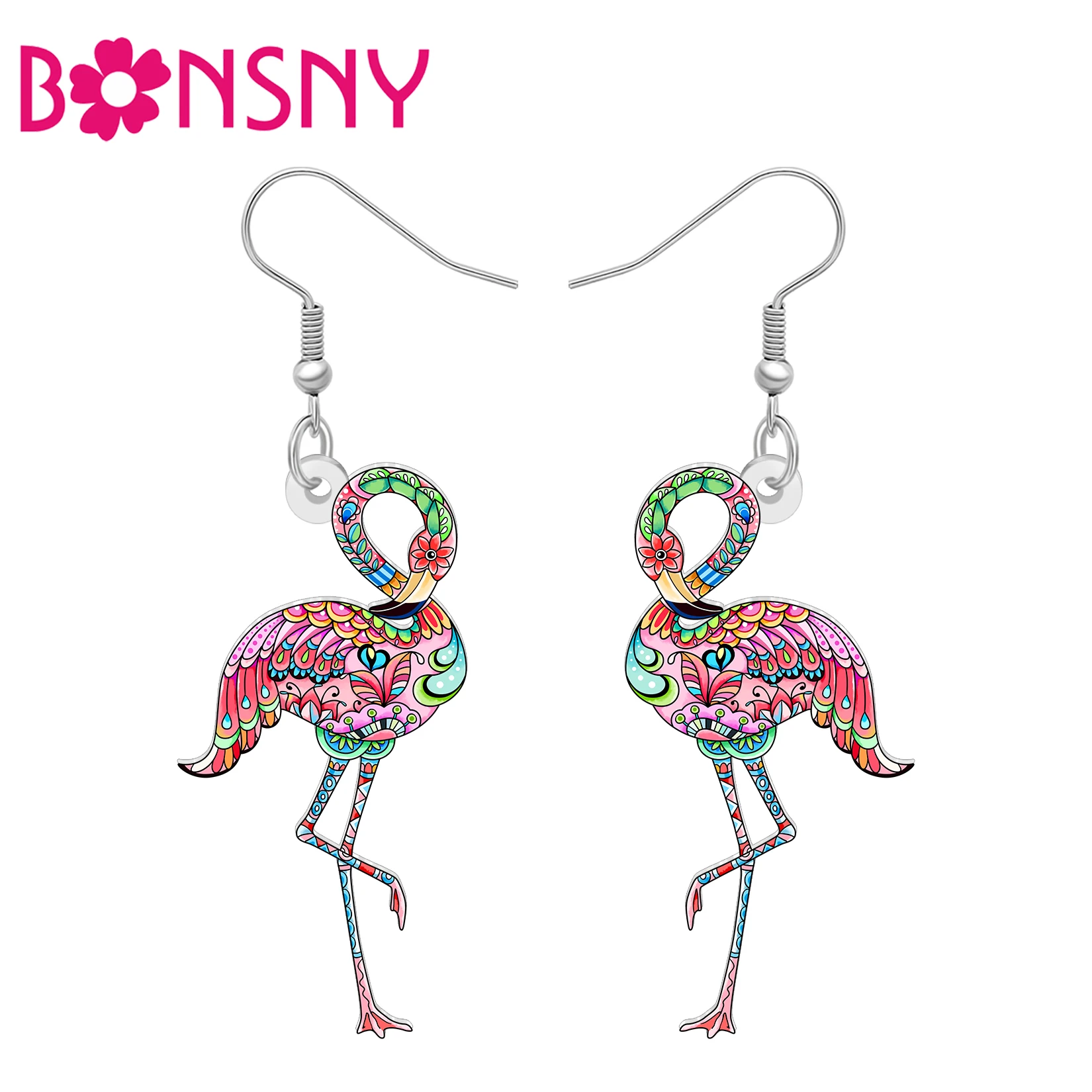 Pendientes colgantes de acrílico con diseño floral de flamenco de BONSNY, joyería bohemia colorida con animales, regalos para mujeres y niñas