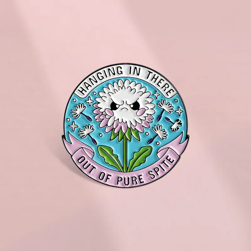 Fun and quirky geometric circular flower metal brooch with English slogan badge for personalized bag packaging accessories