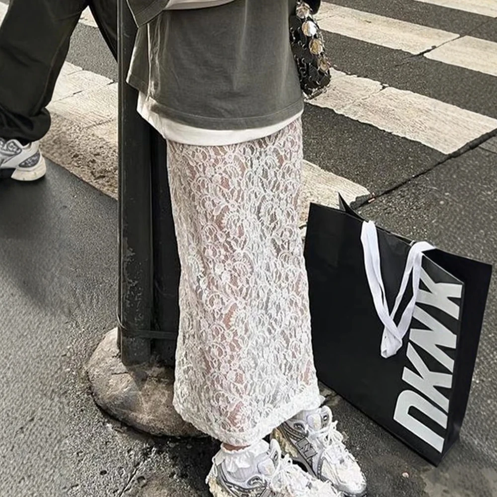 Gonna lunga in pizzo trasparente di presagio: rete fluida a vita alta – abito da festa serale autunno/inverno, gonna longuette trasparente edgy ed elegante