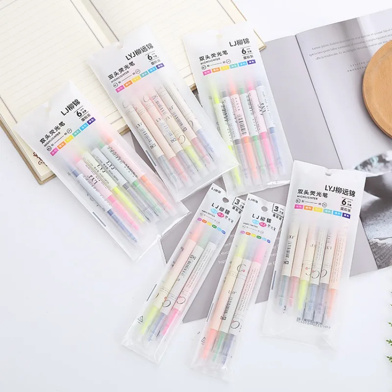 

3/6Pcs/Set Double Head Fluorescent Highlighter Pen Markers Pastel Drawing Pen for Student School Office Supplies Cute Stationery