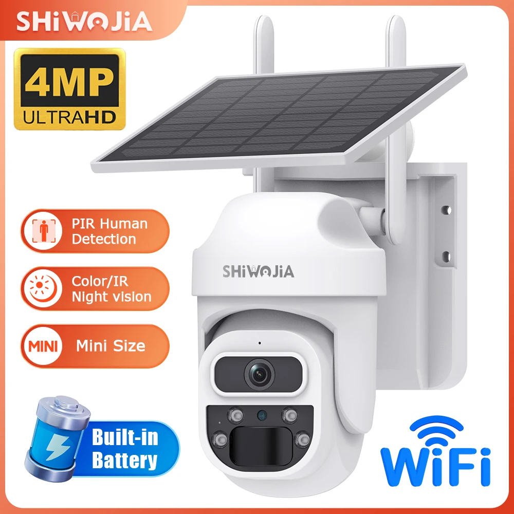 shiwojia painel solar powered camera 4g sim 4mp 2k wifi cameras de seguranca monitor pir video bidirecional vigilancia cctv camera ptz 01