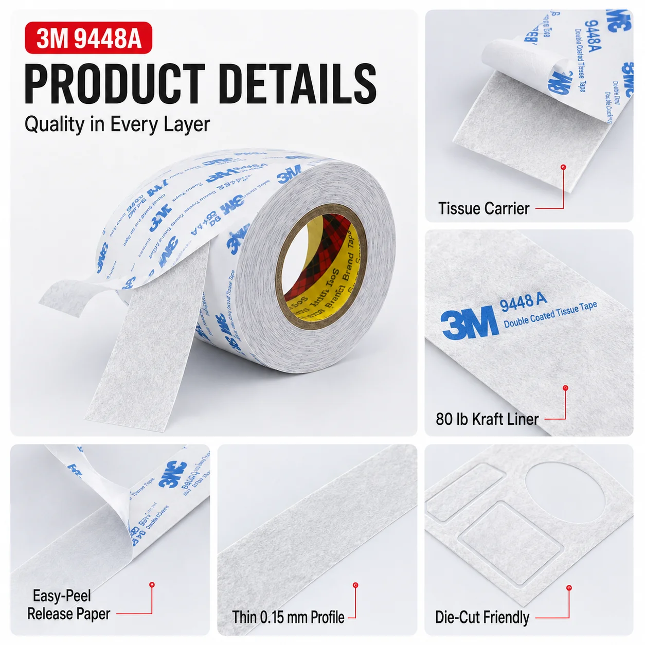3M 9448A Double Sided Tape Strong Adhesive Tissue Tape 0.15MM for Foam Nameplate Plastic Film Industrial Bonding 50M view 2