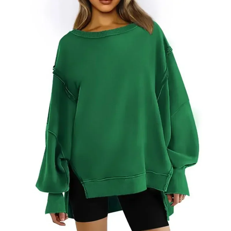 Women's Daily Sweatshirt Oversized Round Neck Solid Color Casual Pullover Tops Mujer Split Long Sleeve Spring Autumn T-Shirts