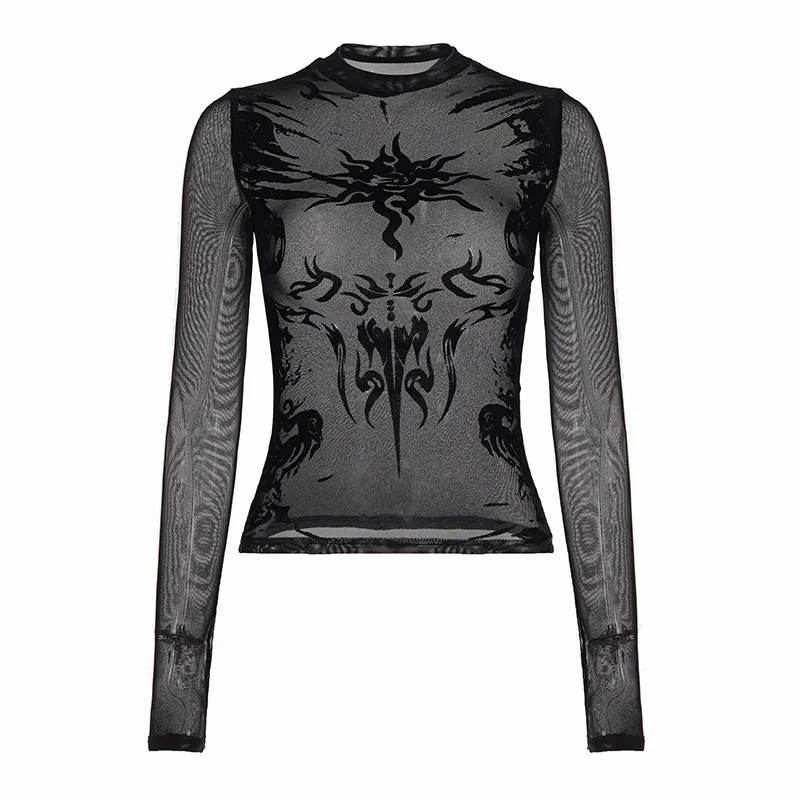 punk style embroidered sexy perspective round neck mesh spicy girl slim fit long sleeved t-shirt