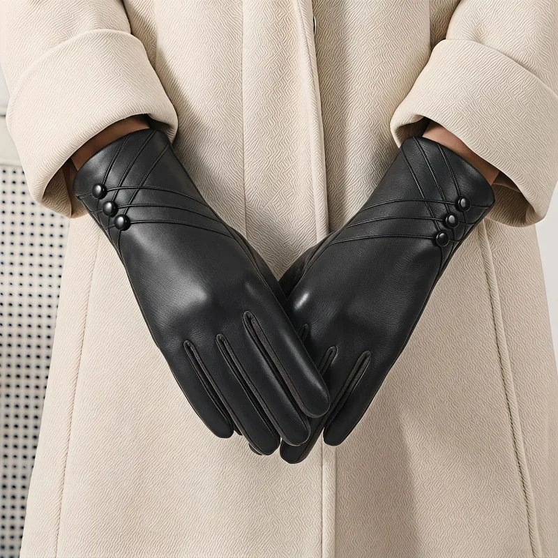 Autumn Winter Womens Fashion Leather Gloves Outdoor Cold Resistant Windproof Thickened Thermal Fleece Lined protective gloves