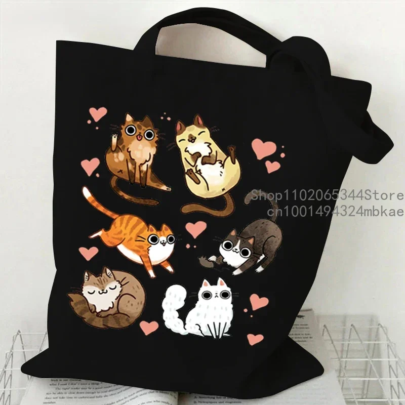 Women Canvas Handbags Funny Cats Print Female Reuseable Shopping Bag Student Cartoon Cute Kitten Tote Bags Woman Shoulder Bag