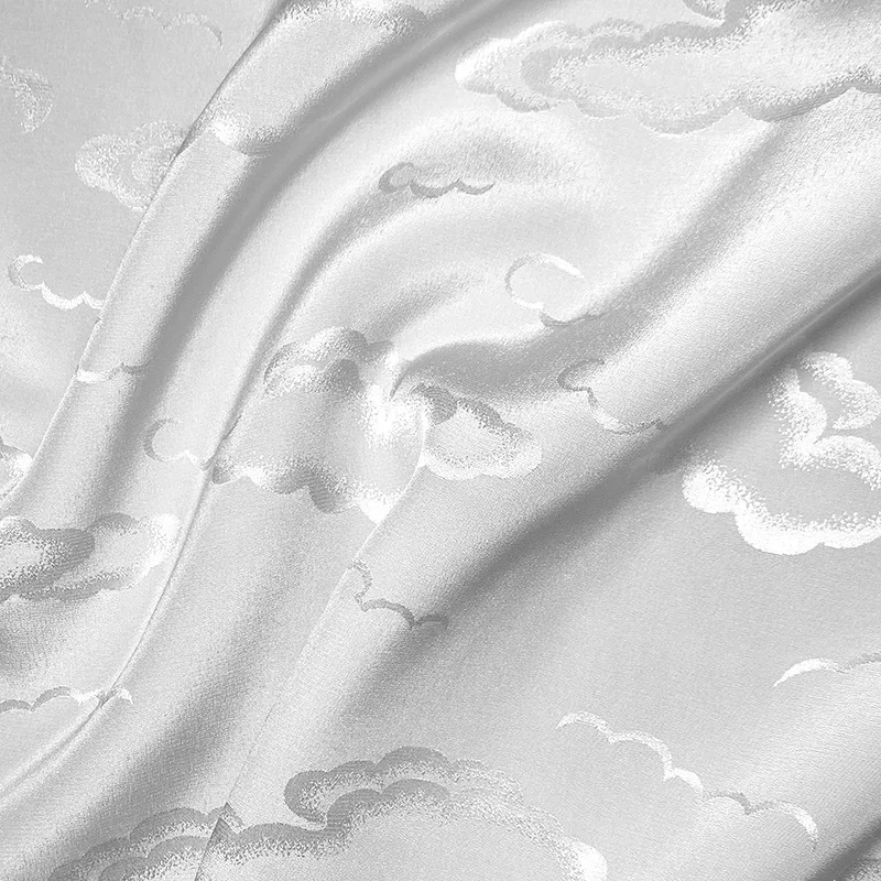 140CM Wide Cloud Jacquard White Green Mulberry Silk Fabric, Champage Color Glossy Satin Fabric For Dress Hanfu Cheongsam F134