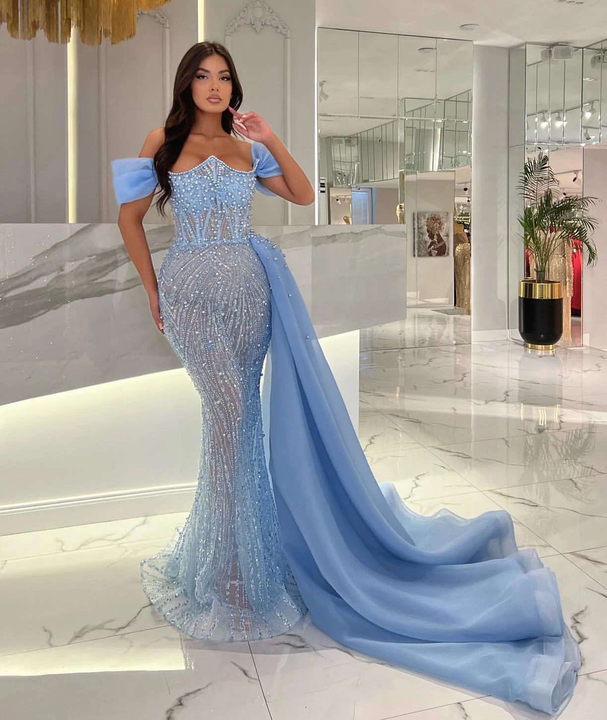 Eleganti abiti da ballo blu per le donne con spalle scoperte che bordano paillettes perle abiti da sera personalizzati Robe De Soirée